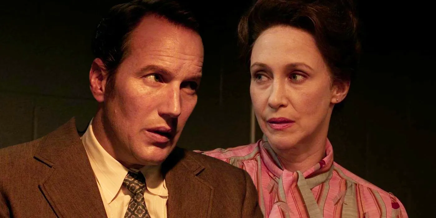 A composite image of Ed and Lorraine Warren looking nervously at each other in The Conjuring Image