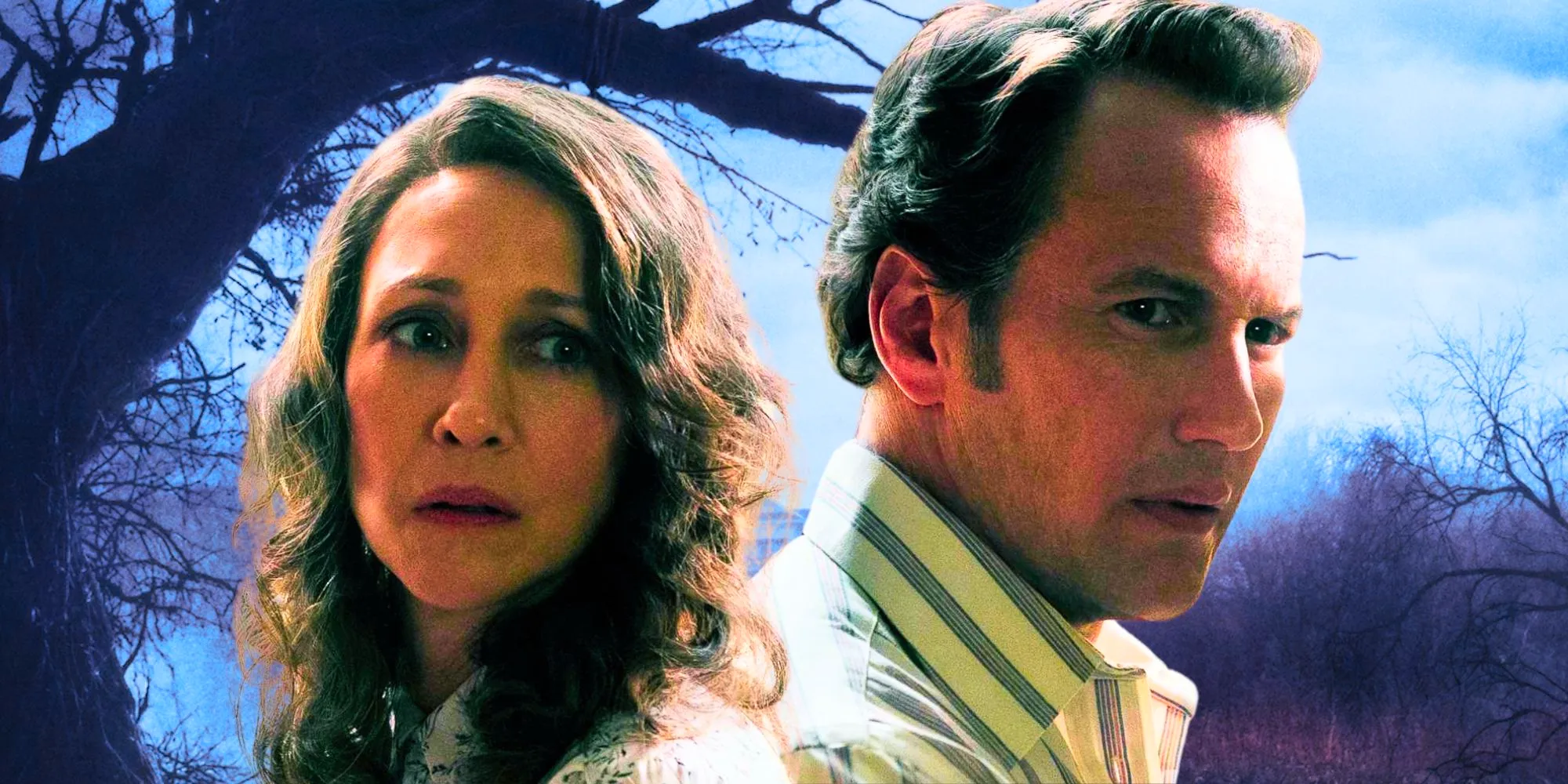 A composite image of Ed and Lorraine Warren looking scared in front of the creepy tree from The Conjuring Image