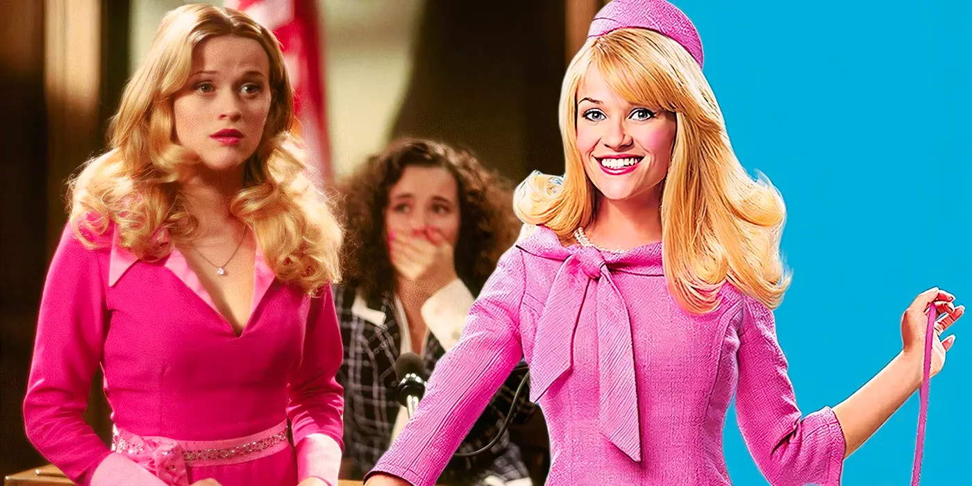 A composite image of Elle Woods standing in pink in front of the US Capitol and Elle looking shocked in court in Legally Blonde Image