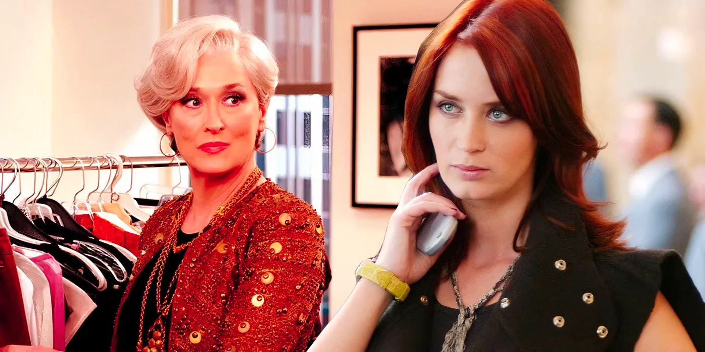 A composite image of Emily Blunt looking on angrily while holding a cell phone in front of Meryl Streep looking surprised in The Devil Wears Prada Image