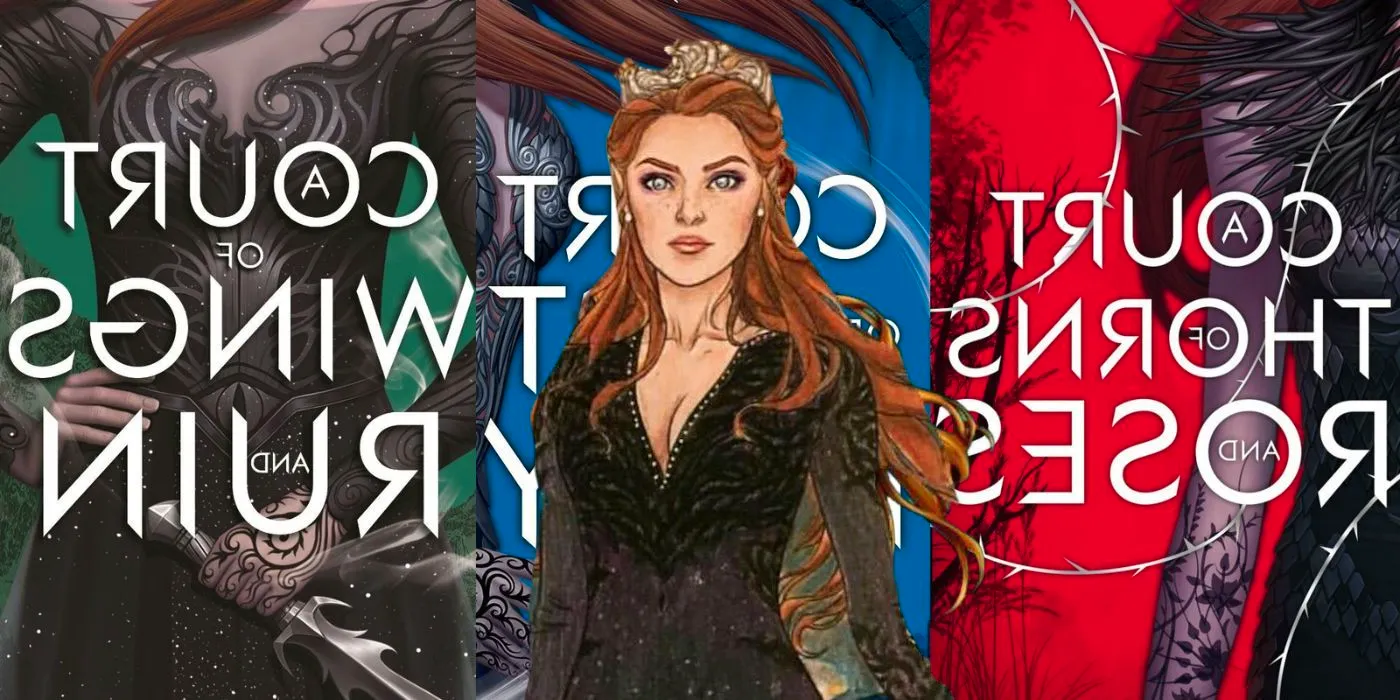 A composite image of Feyre from the ACOTAR coloring book in front of the covers of the Sarah J Maas ACOTAR book series Image