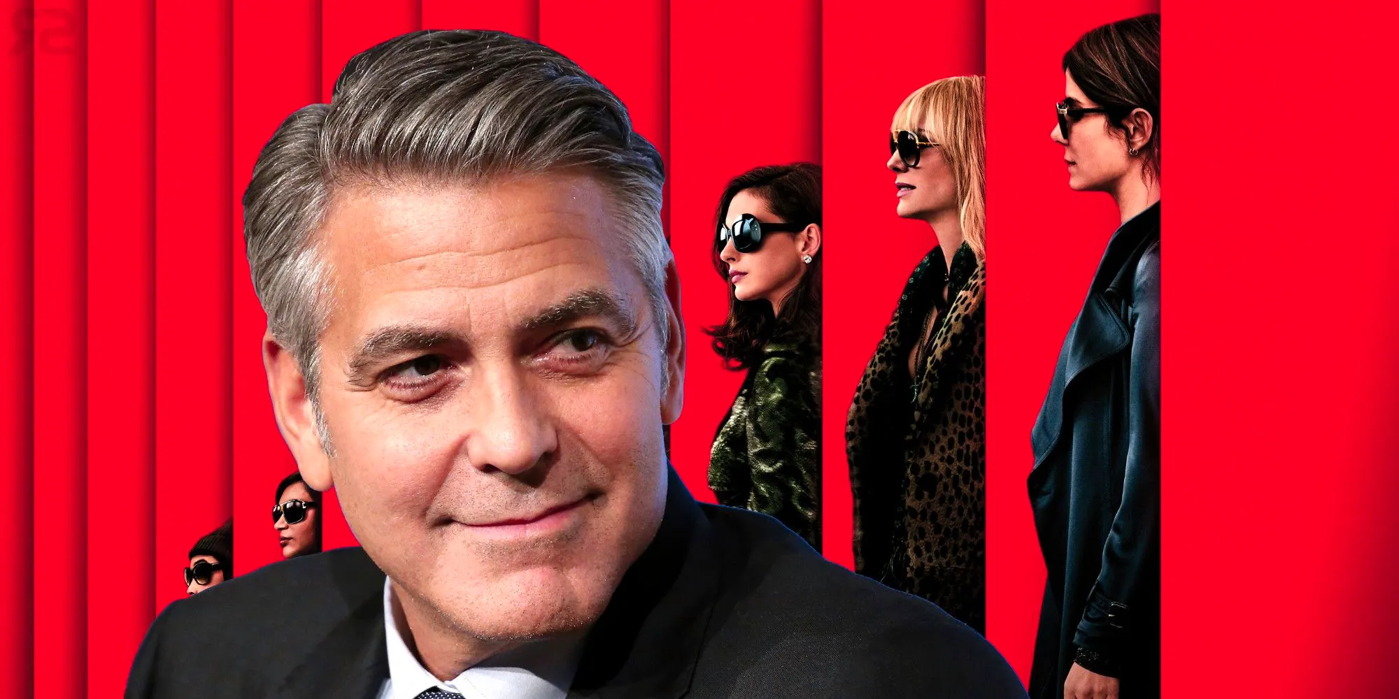 A composite image of George Clooney smiling in front of the poster of Ocean's 8  Image