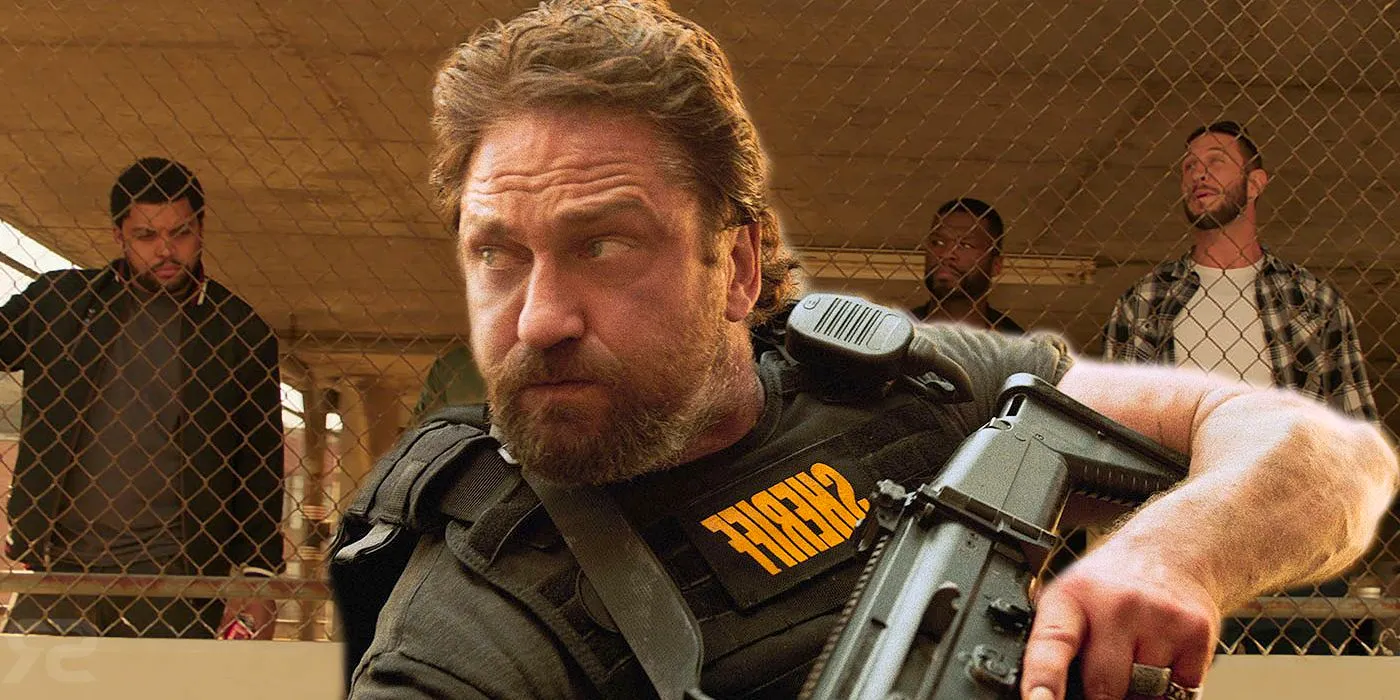 a composite image of Gerard Butler jumping into action with men standing next to a fence in Den of Thieves  Image