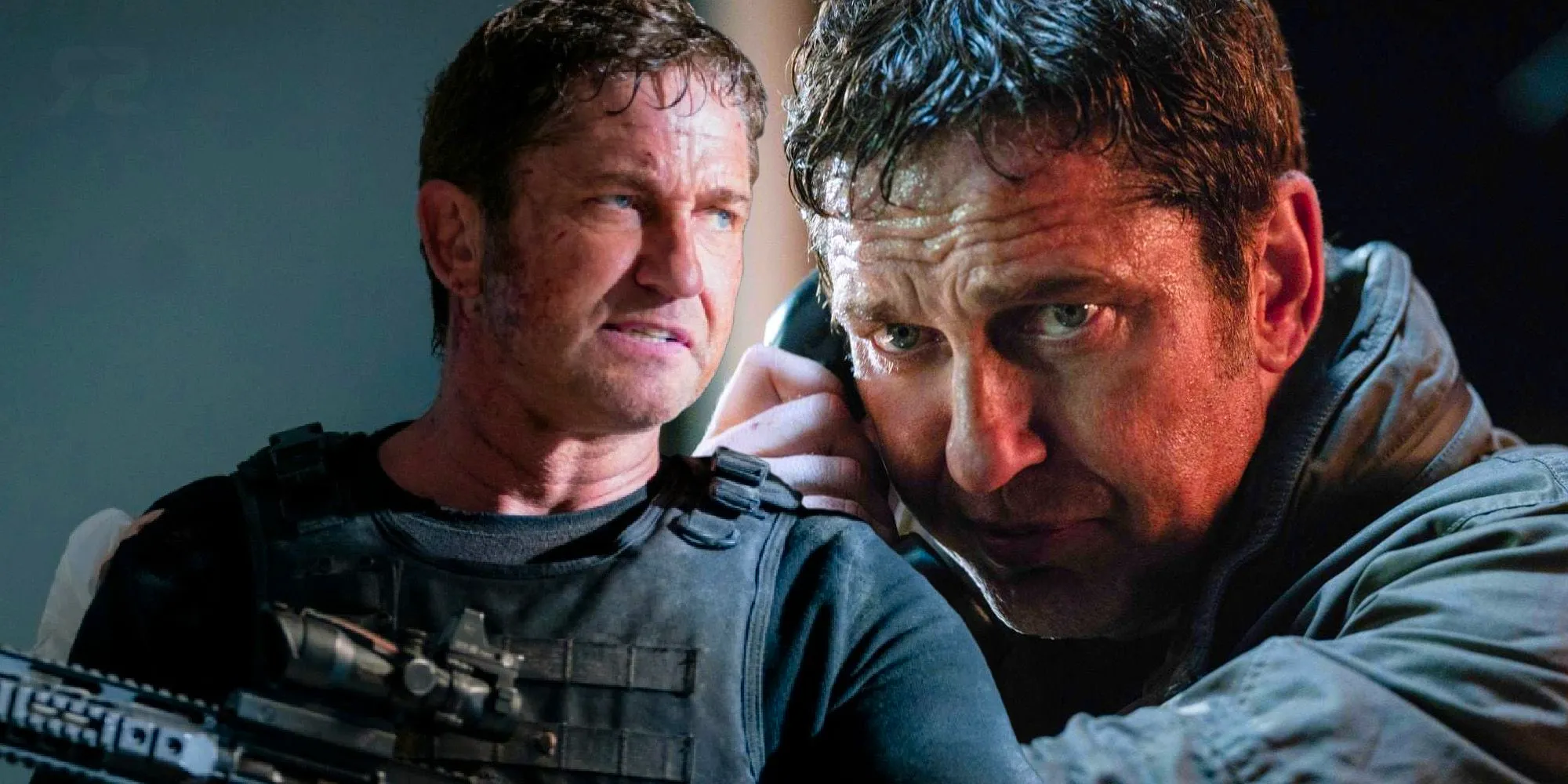 A composite image of Gerard Butler looking on an holding a gun in Olympus has Fallen Image