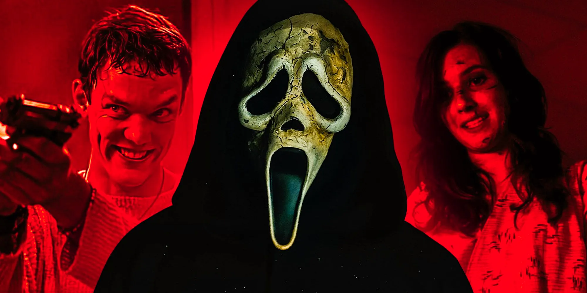 A composite image of Ghostface in front of Stu pointing a gun and Jille looking angry in the Scream franchise Image