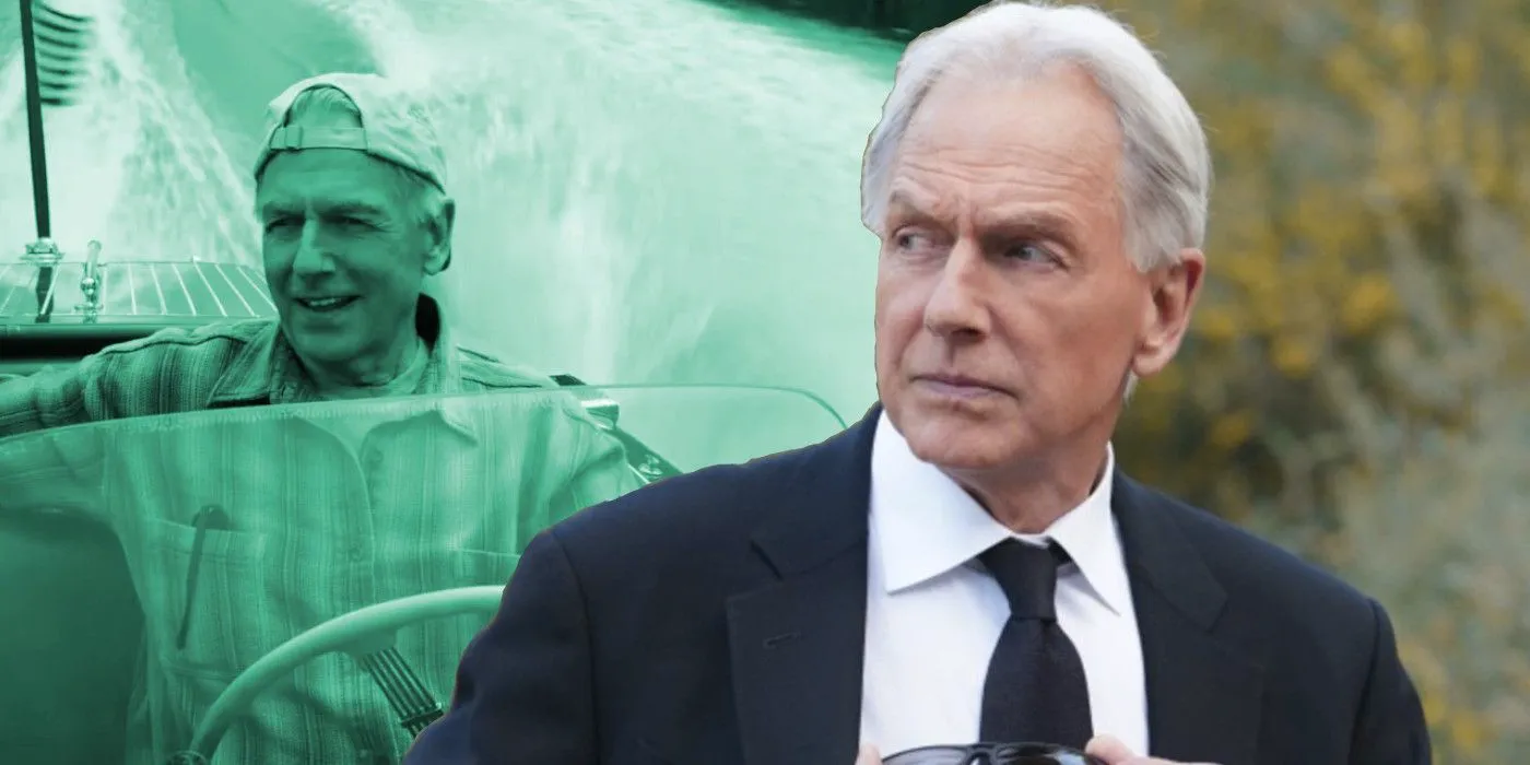 A composite image of Gibbs frowning with Gibbs smiling while driving a boat on a lake in NCIS Image