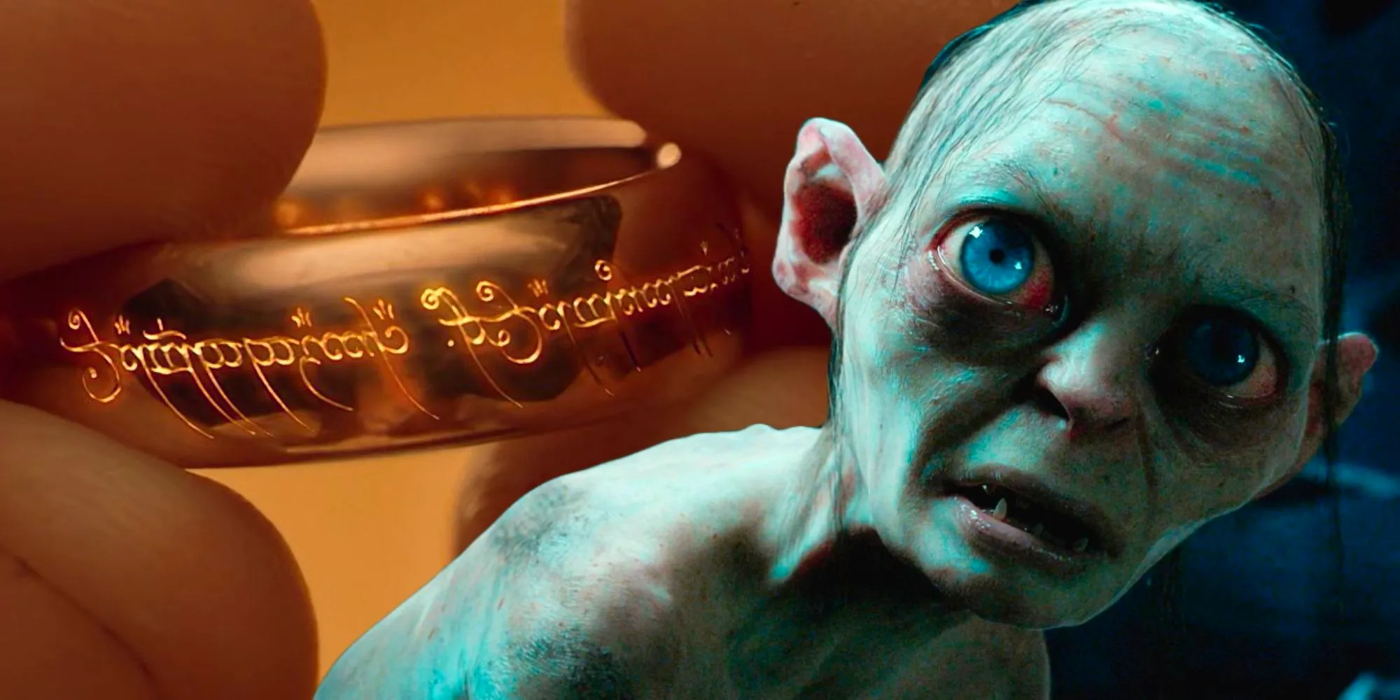 A composite image of Gollum looking sad in front of a closeup of the One Ring from The Lord of the Rings Image