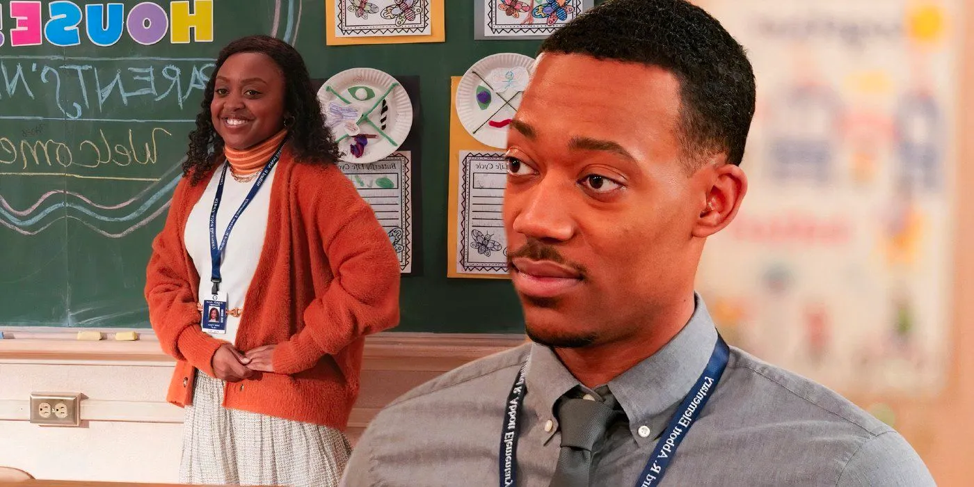 A composite image of Gregory looking on with a slight smirk in front of Janine smiling nervously in front of her open house chalkboard display in Abbott Elementary Image