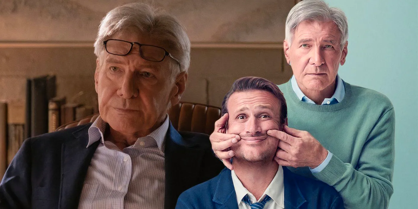 A composite image of Harrison Ford forcing Jason Segal to smile with Harrison Ford looking annoyed with his glasses on his forehead in Shrinking Image