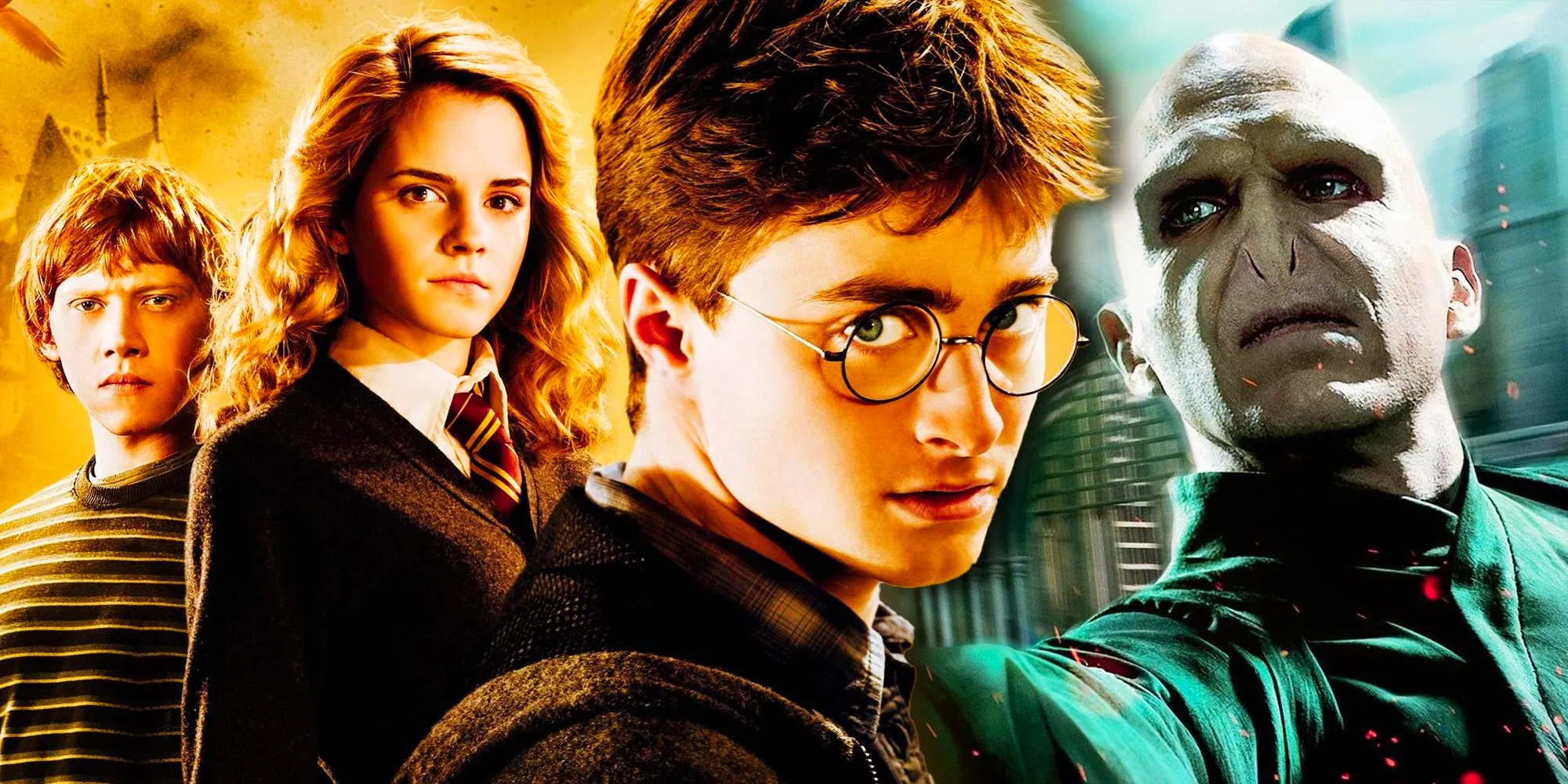 a composite image of Harry Potter looking sternly at the camera in front of Voldemort flicking his wand and Ron and Hermione looking determined from Harry Potter Image