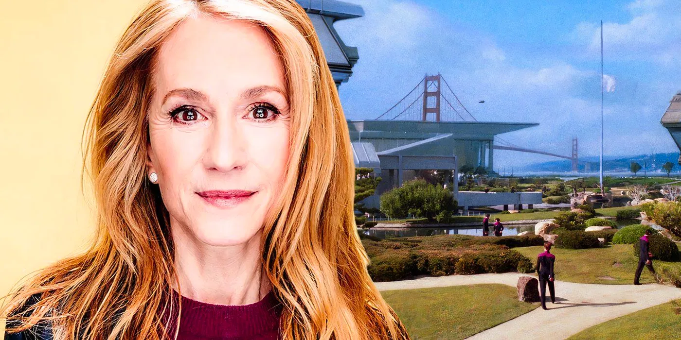 A composite image of Holly Hunter against a yellow backdrop in front of an exterior shot of Starfleet Academy from Star Trek: TNG Image