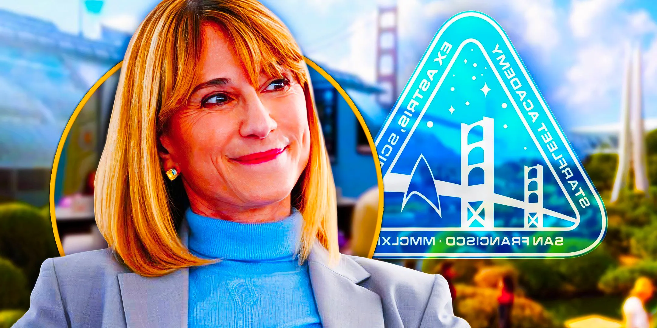 A composite image of Holly Hunter smiling in front of the Starfleet logo and Golden Gate Bridge from Star Trek Image