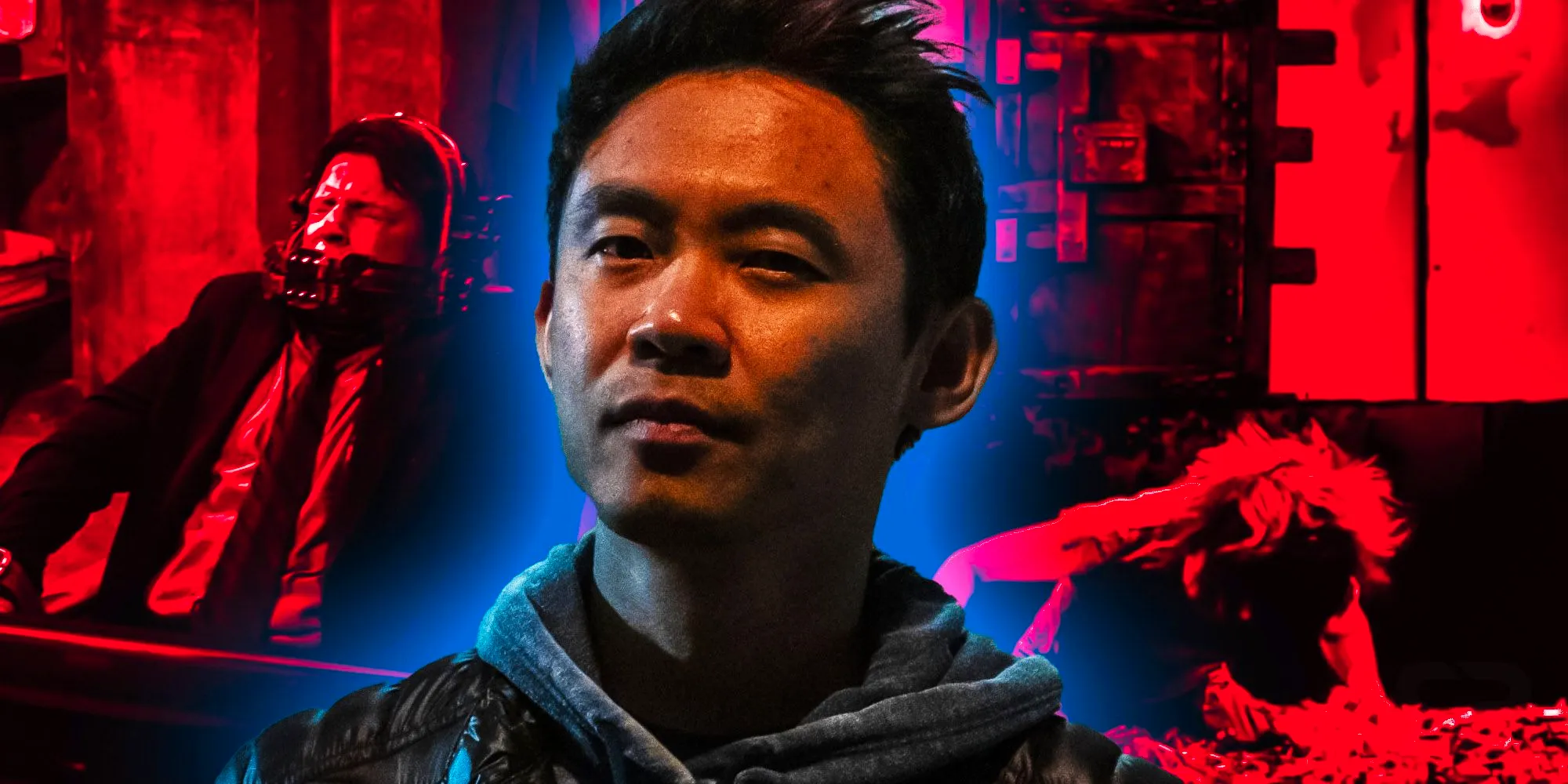 A composite image of James Wan in front of various traps from the Saw movies Image