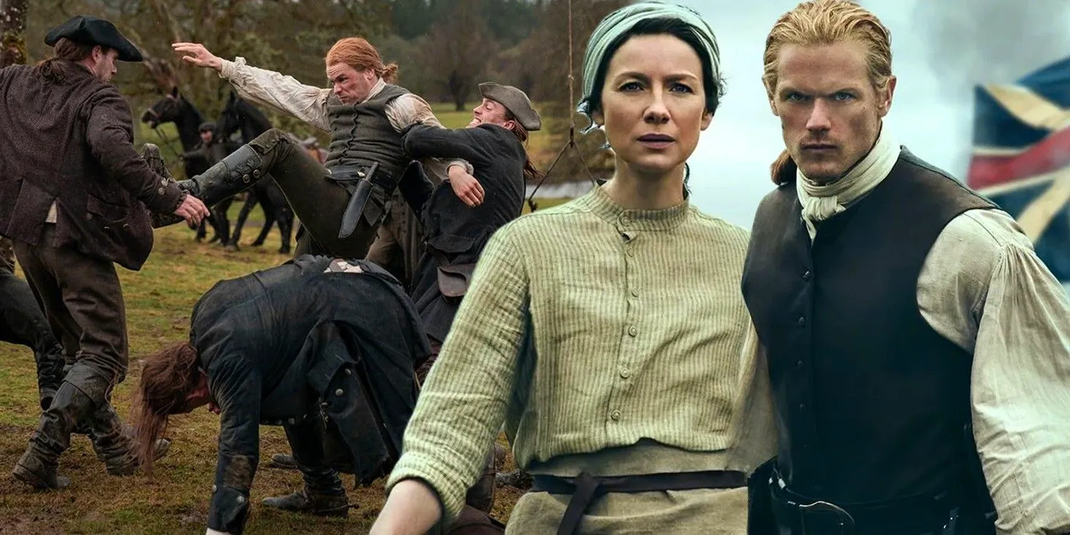 A composite image of Jamie and Claire walking together in front of Jamie fighting soldiers in Outlander Image