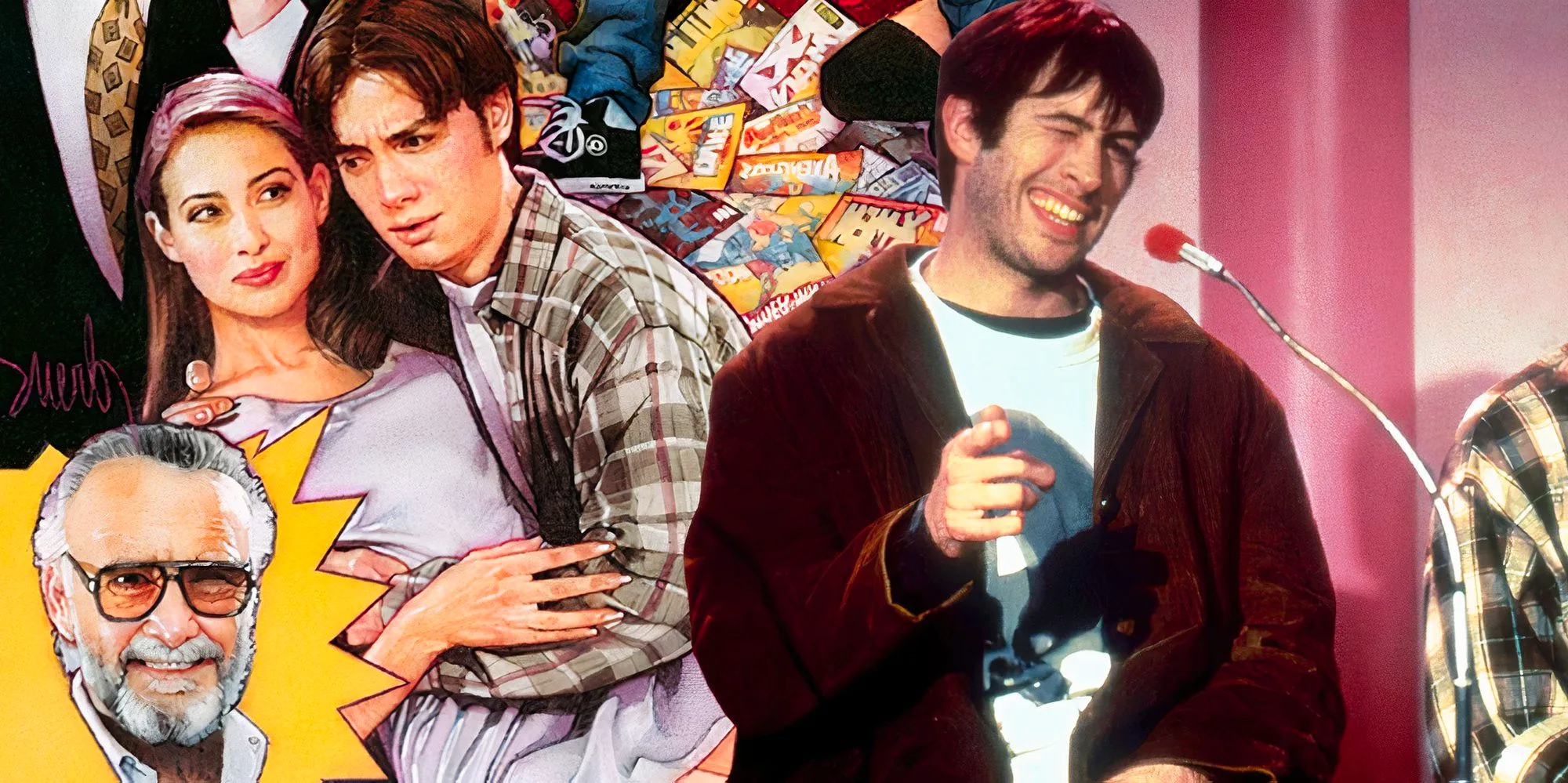 A composite image of Jason Lee winking in front of the poster of Mallrats  Image