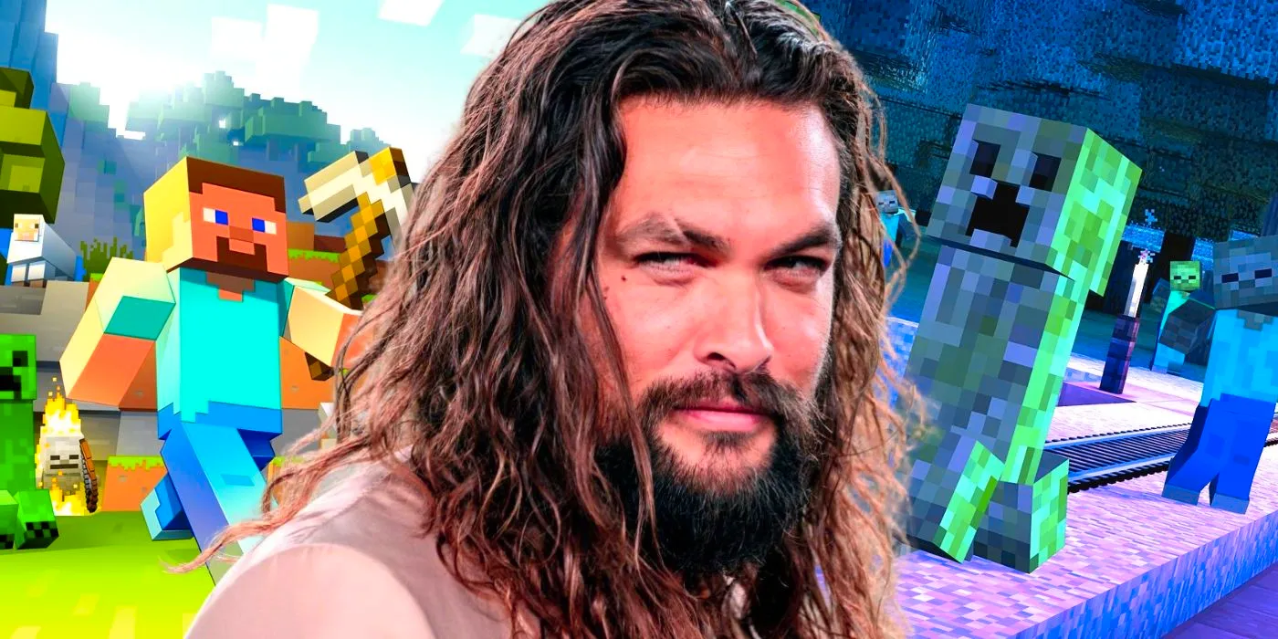 A composite image of Jason Mamoa in front of characters from Minecraft Image