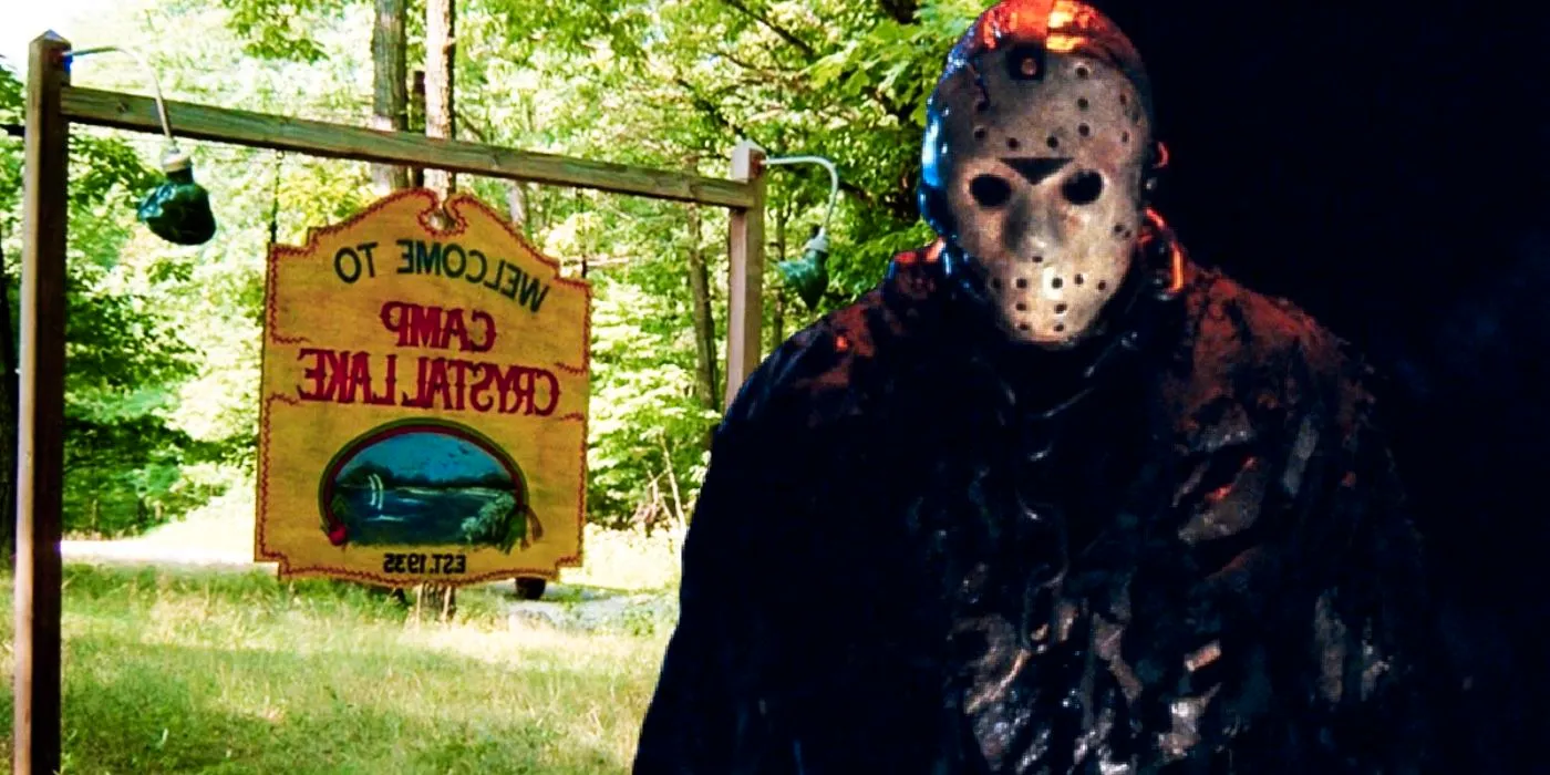 A composite image of Jason Voorhees lurking in a doorway with the sign for Crystal Lake in Friday the 13th Image