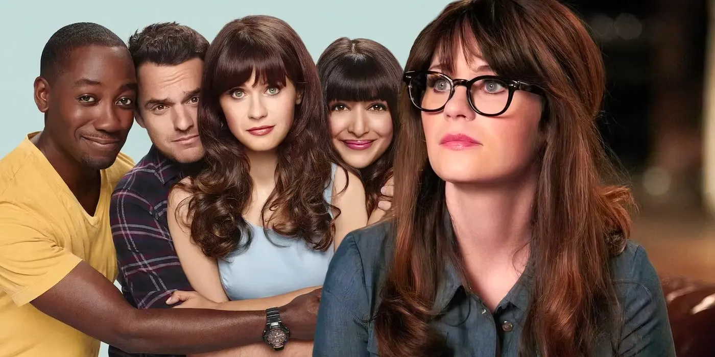 A composite image of Jess looking up from her computer in front of Jess being hugged by the cast of New Girl Image