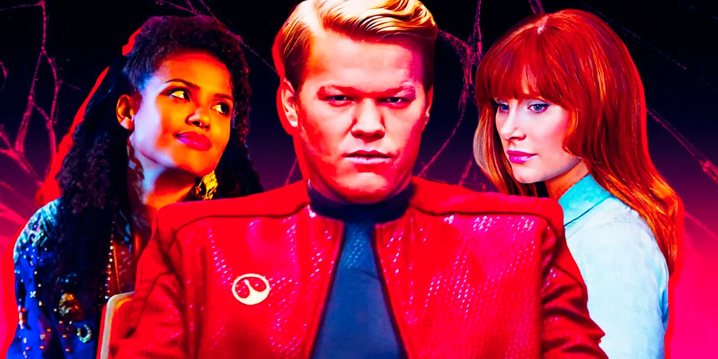 A composite image of Jesse Plemons looking stoic in front for Bryce Dallas Howard and Gugu Mbatha Raw in Black Mirror Image