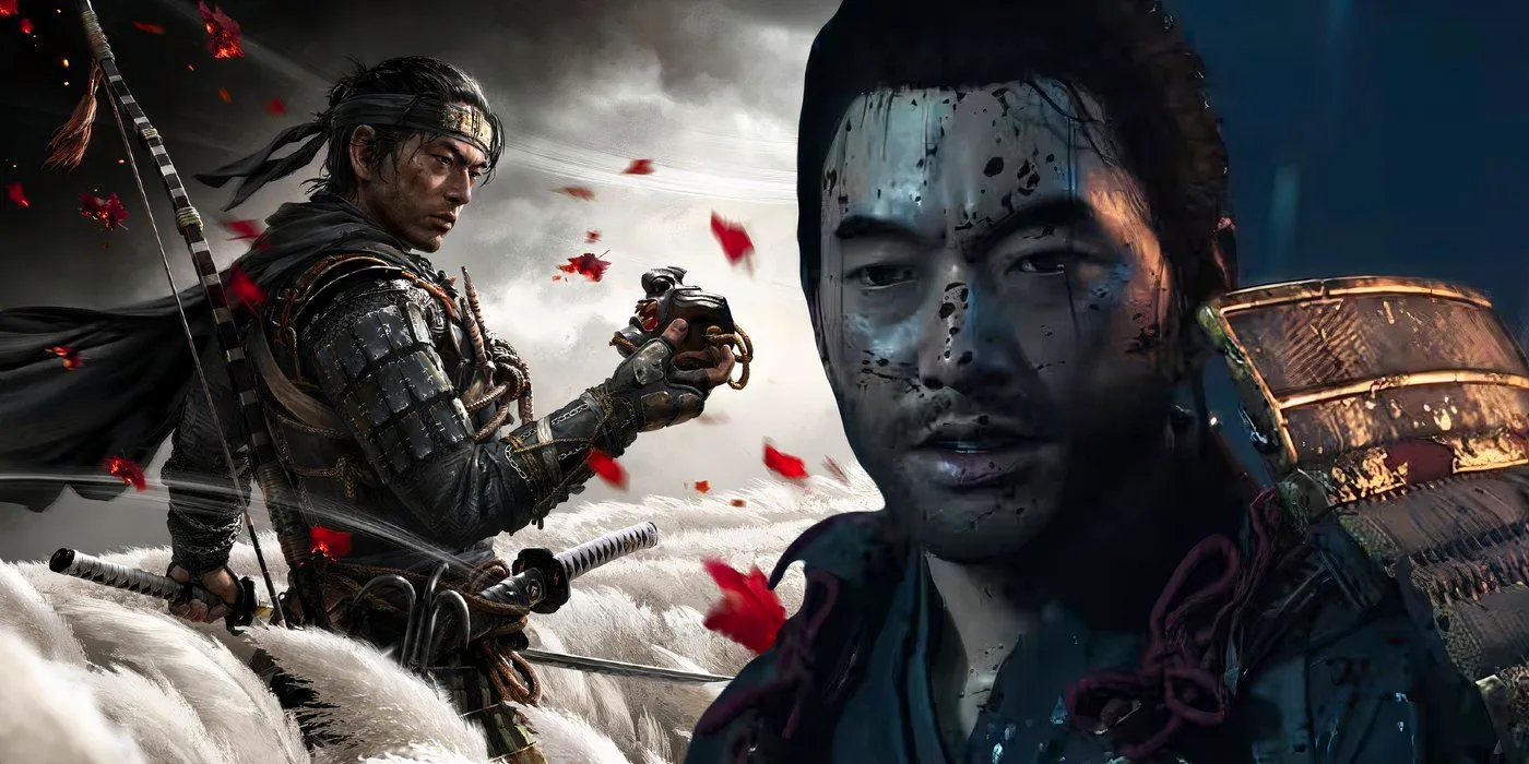 A composite image of Jin covered in blood after a battle with Jin standing in a white field holding a mask in Ghost of Tsushima Image