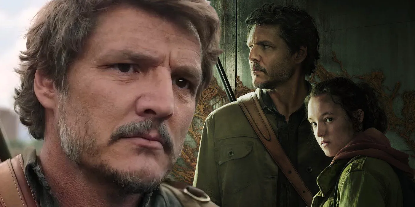 A composite image of Joel looking stoic with Joel and Ellie sneaking in The Last of Us season 1 Image