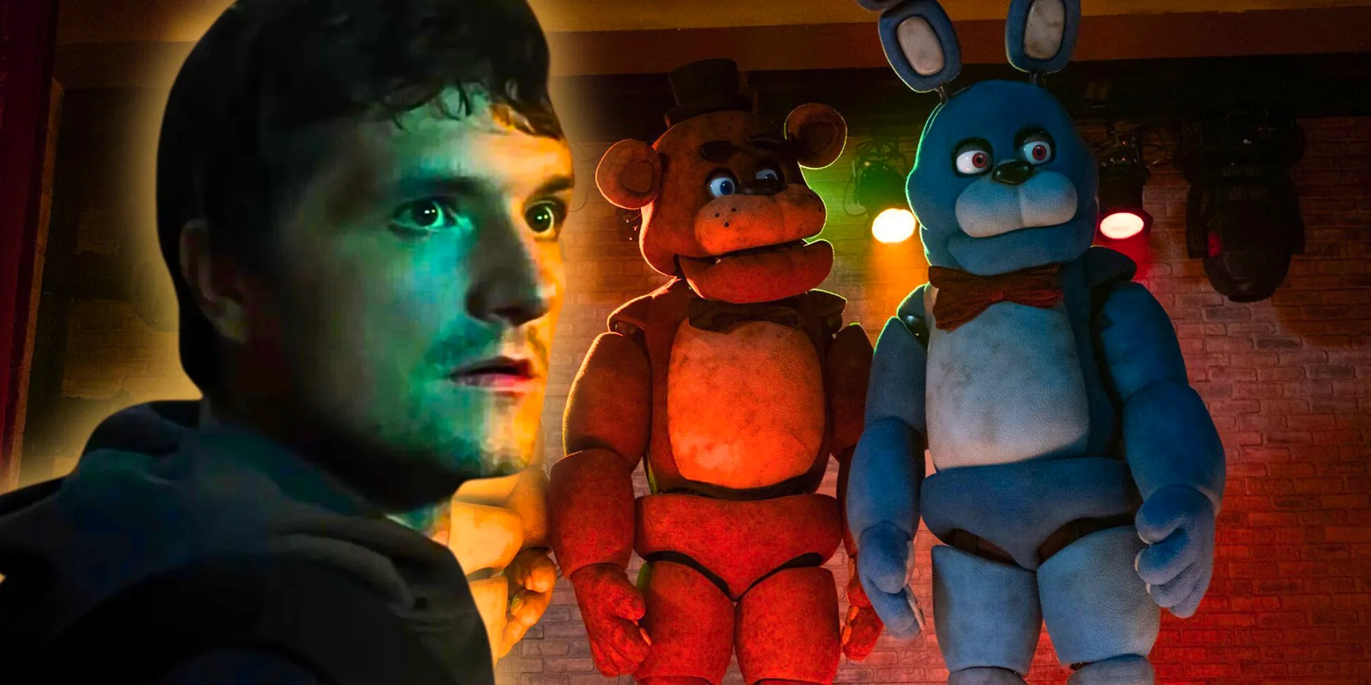 A composite image of Josh Hutcherson looking shocked in front of three killer animatronics in Five Nights At Freddy's  Image