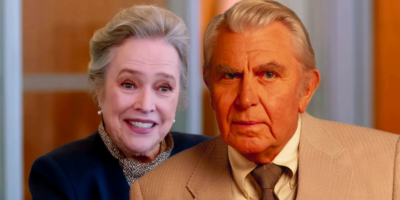 A composite image of Kathy Bates smiling in the Matlock reboot behind Andy Griffith as Matlock looking serious in the original series Image