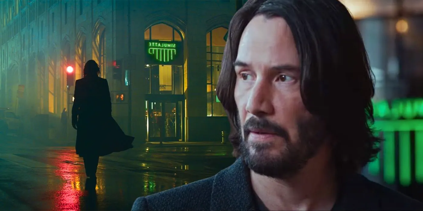 A composite image of Keanu Reeves as Neo looking on and walking on a rainy street in The Matrix Revolutions Image