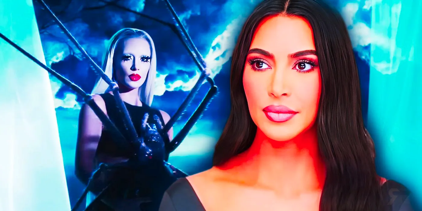 A composite image of Kim Kardashian looking on in front of a woman with a giant spider on her chest from American Horror Story  Image