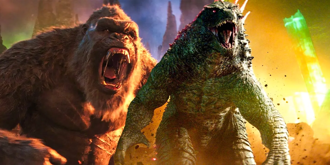 A composite image of King Kong roaring behind Godzilla with his teeth barred in Godzilla x Kong: The New Empire Image