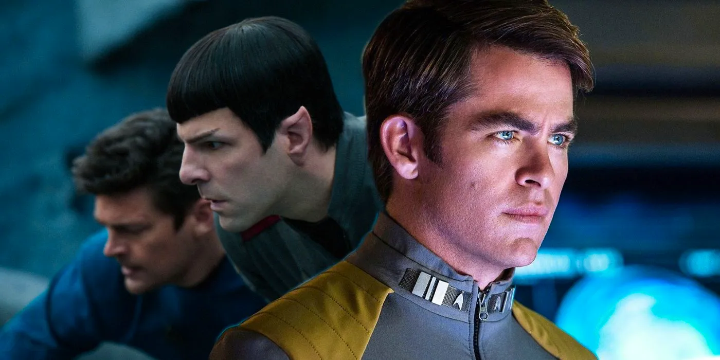 A composite image of Kirk looking on dramatically in front of Spock and McCoy huddled together in Star Trek Beyond Image