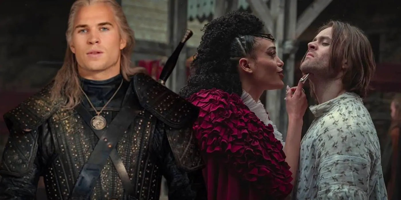 A composite image of Liam Hemsworth as the Witcher alongside a woman threatening a man with a pointed fingernail in The Witcher Image