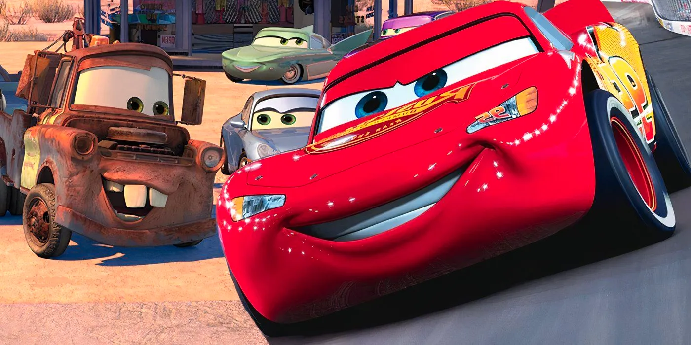 A composite image of Lightning McQueen racing on the track in front of Tow Mater with the rest of the Cars cast Image