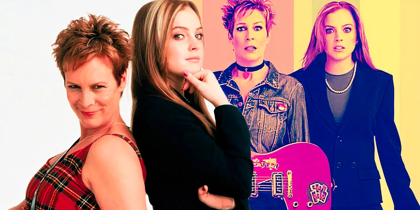 A composite image of Lindsay Lohan and Jamie Lee Curtis standing back to back in front of the two looking shocked in another promo shot from Freaky Friday Image