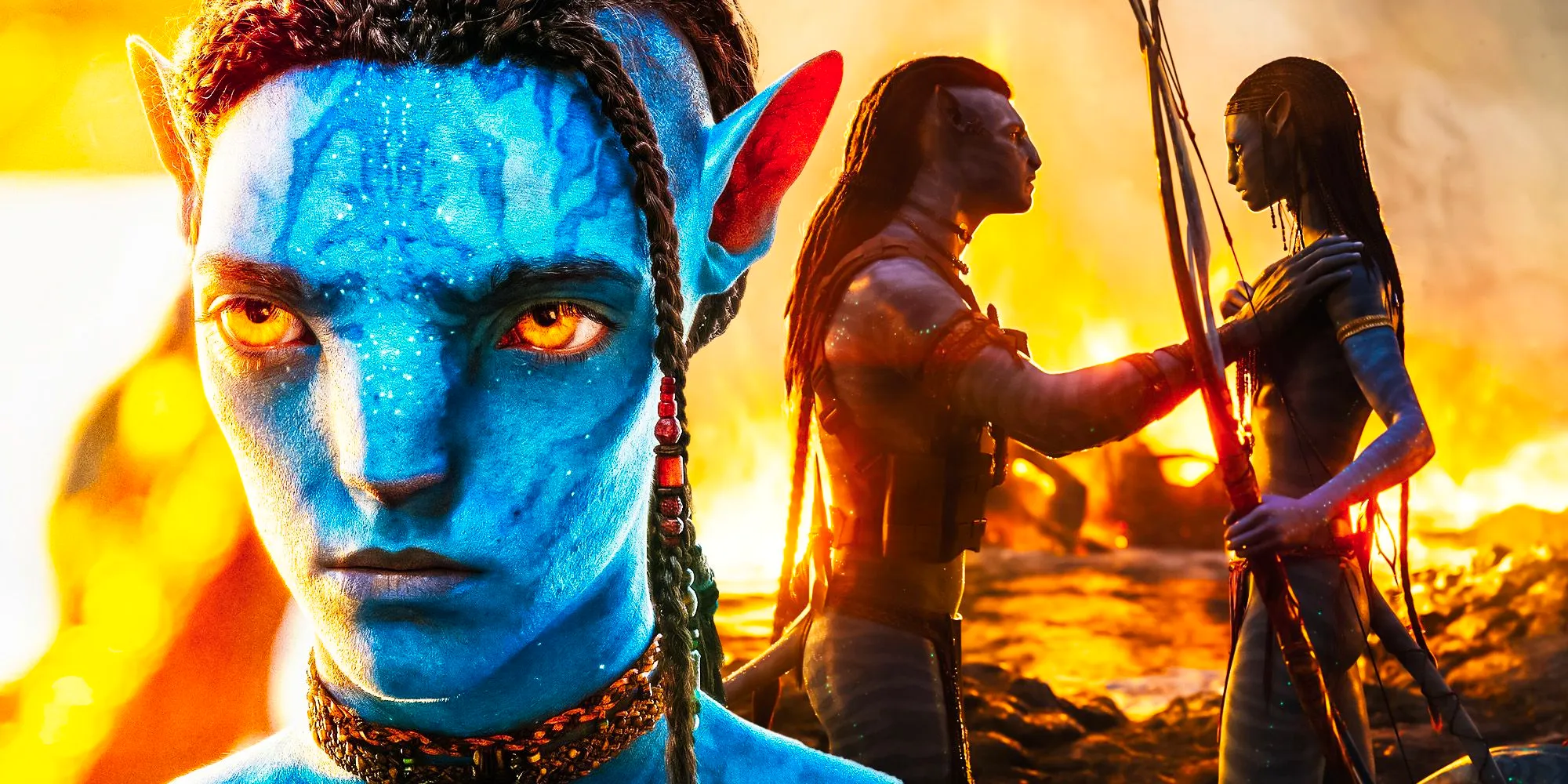 A composite image of Loak looking toward the camera in front of Jake and Neytiri embracing before a burning field in Avatar The Way of Water Image