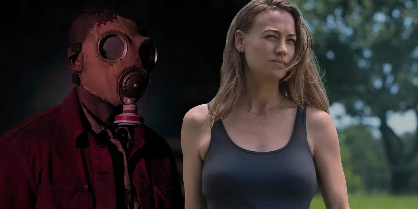 A composite image of Maggie looking on in front of a man in a gas mask in Teacup Image