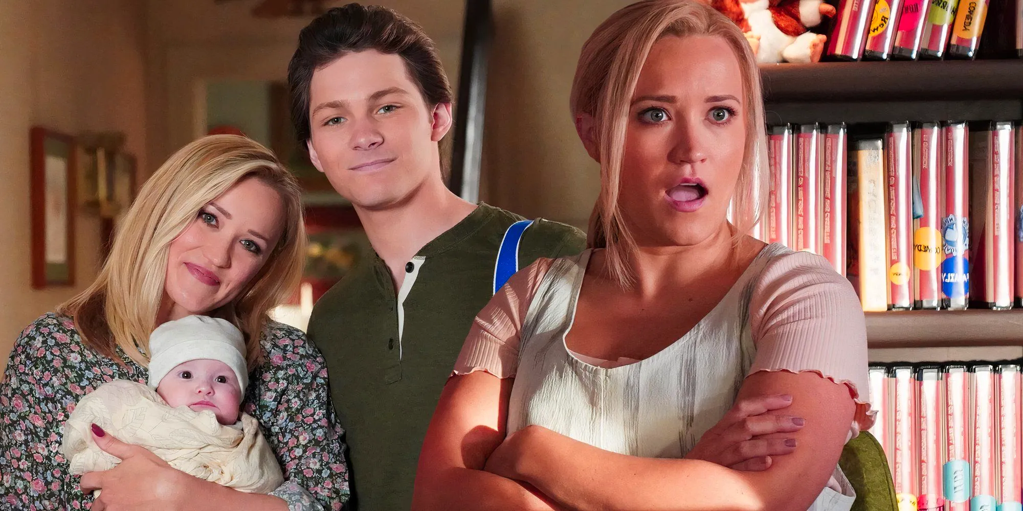 A composite image of Mandy looking shocked with her arms crossed in front of Georgie and Mandy posing with Cece from Young Sheldon Image