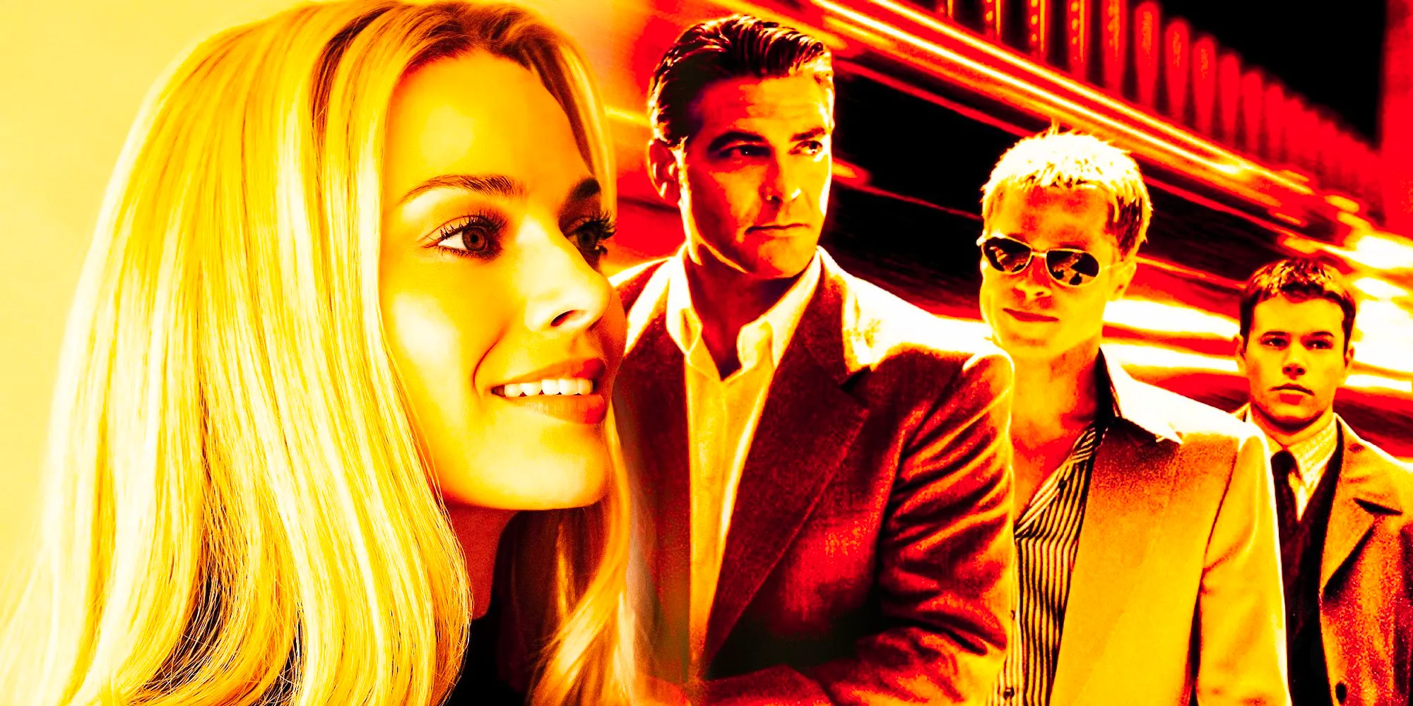 A composite image of Margot Robbie looking on in front of the cast of Ocean's 11 Image