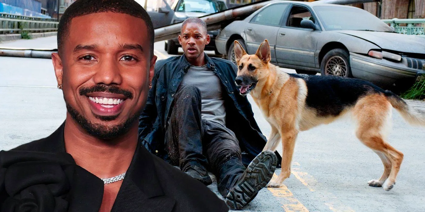 A composite image of Michael B. Jordan smiling in front of Will Smith sitting on the ground next to a dog in I Am Legend Image