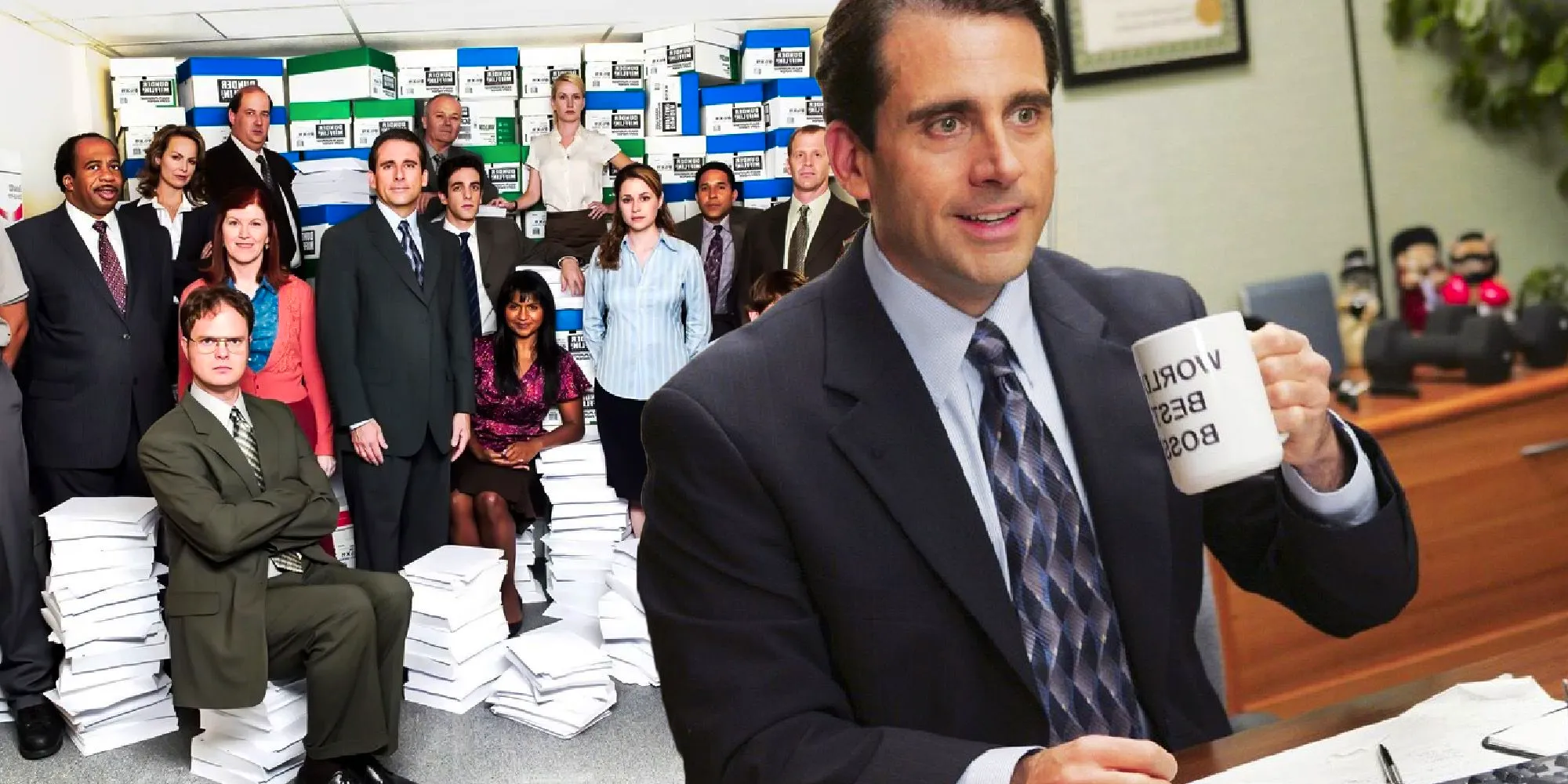 A composite image of Michael Scott holding up a mug in front of a cast photo of The Office Image