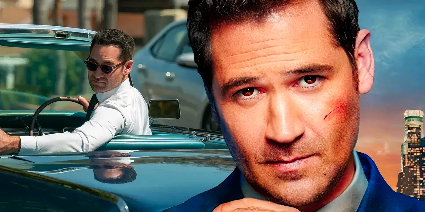 A composite image of Mickey looking at the camera with a cut face in front of Mickey looking back while driving a convertible car in The Lincoln Lawyer Image