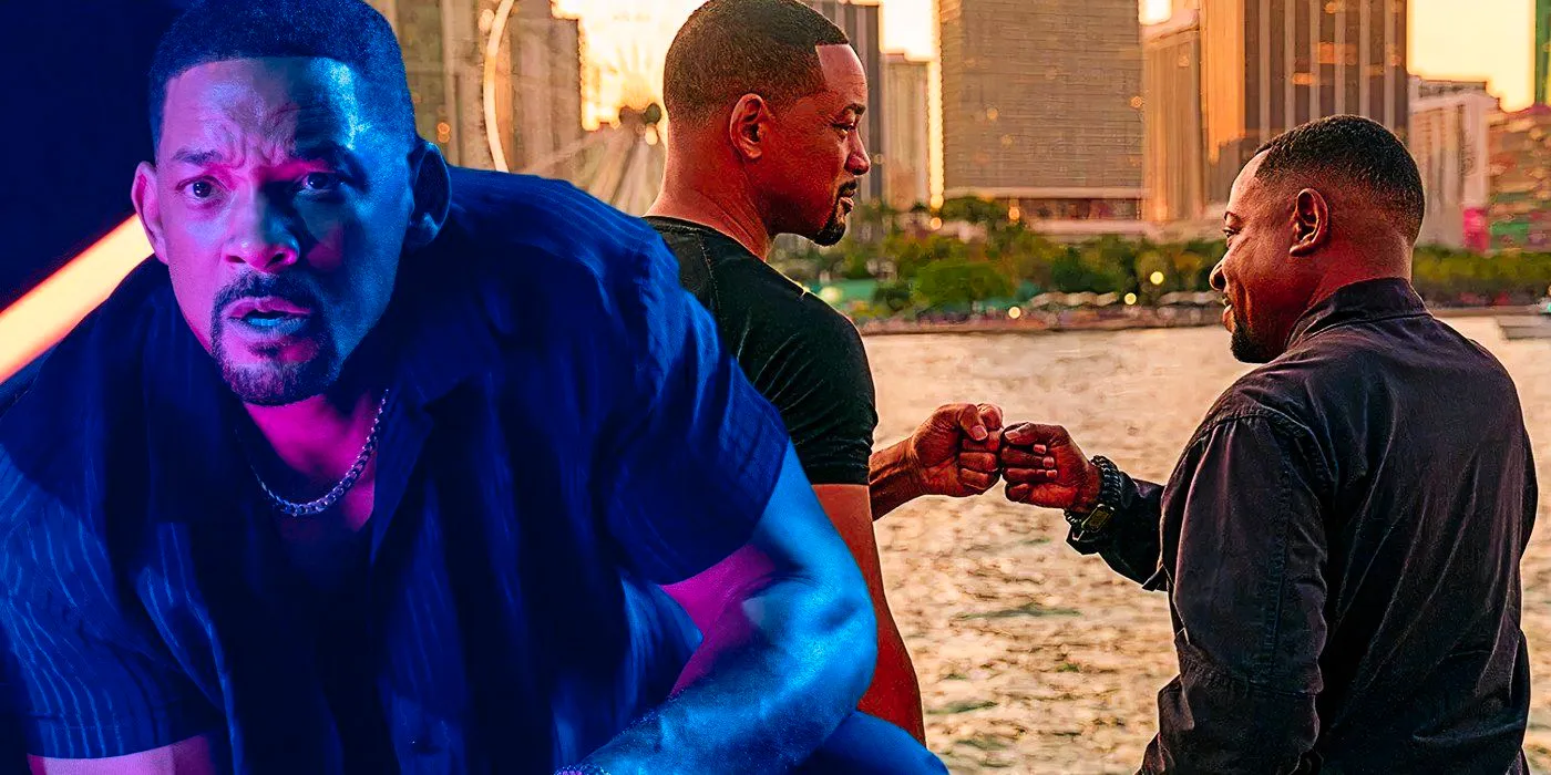 A composite image of Mike crouching and looking shocked with Mike and Marcus fist bumping in front of Biscayne Bay in Bad Boys: Ride or Die Image