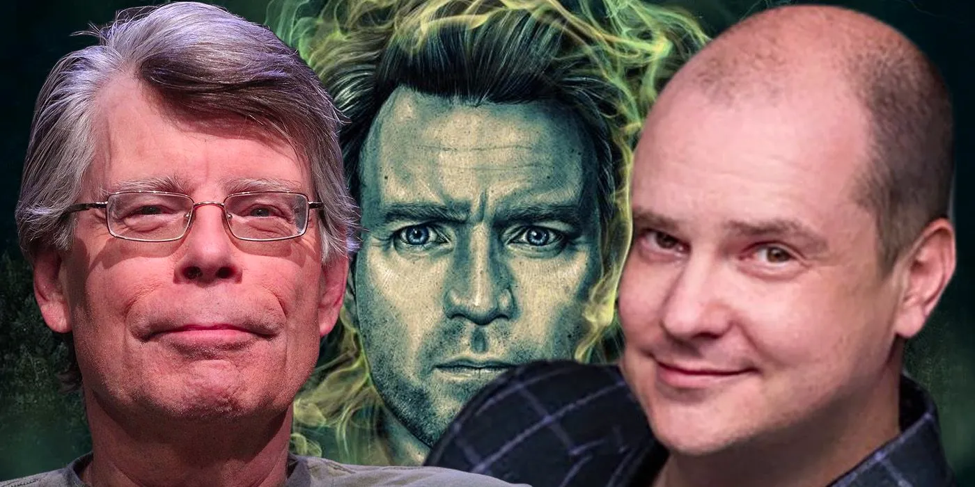 A composite image of Mike Flanagan and Stephen King over Ewan McGregor from Doctor Sleep Image