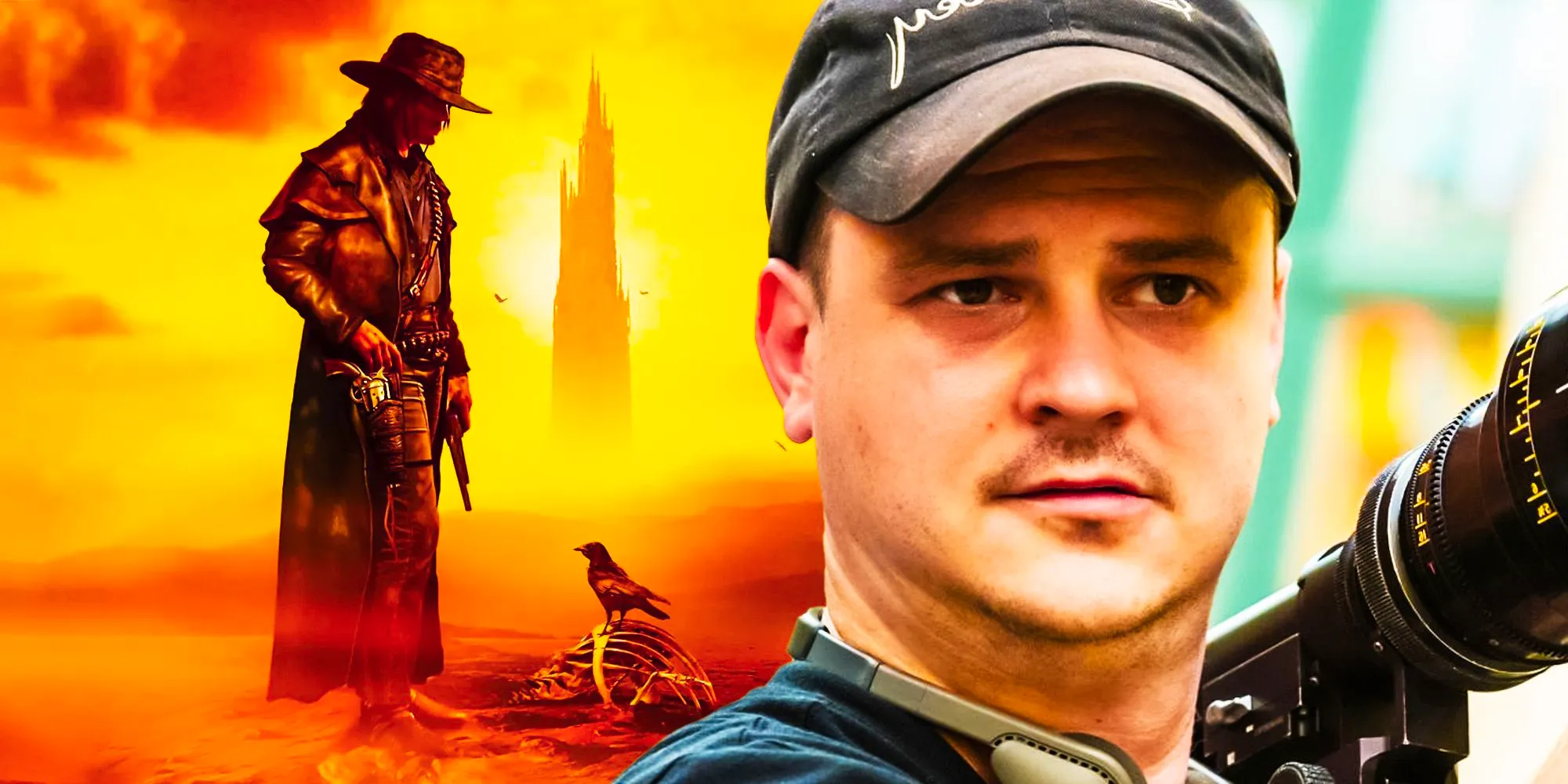 A composite image of Mike Flanagan next to The Dark Tower cover for The Gunslinger Image