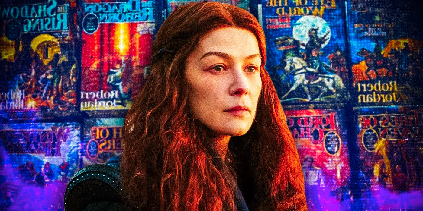 A composite image of Moiraine in front of the book covers from the Wheel of Time series Image