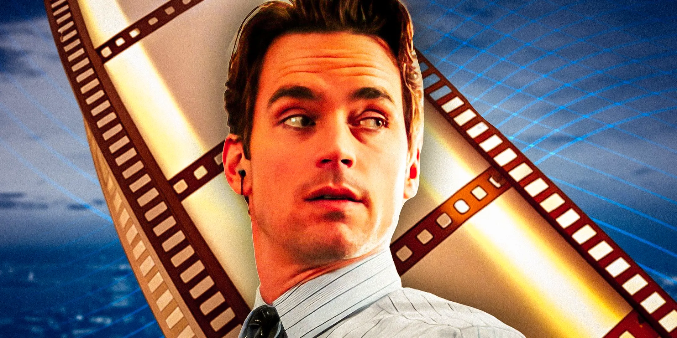 A composite image of Neal looking over his shoulder suspiciously in White Collar in front of a film reel backdrop Image