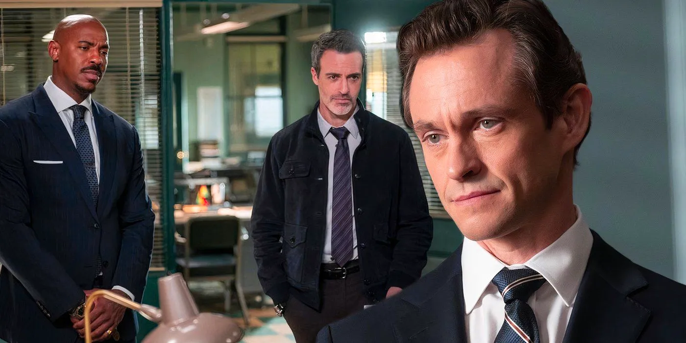 A composite image of Nolan Pierce looking on blankly in front of Riley and Shaw listening in an office in Law & Order Image