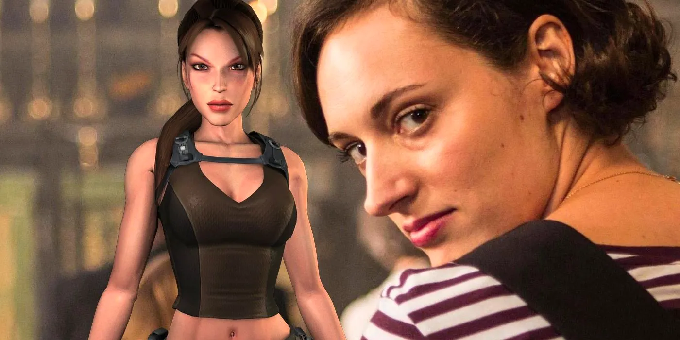 A composite image of Phoebe Waller Bridge looking over her shoulder in Fleabag with Lara Croft looking on in the Tomb Raider games Image