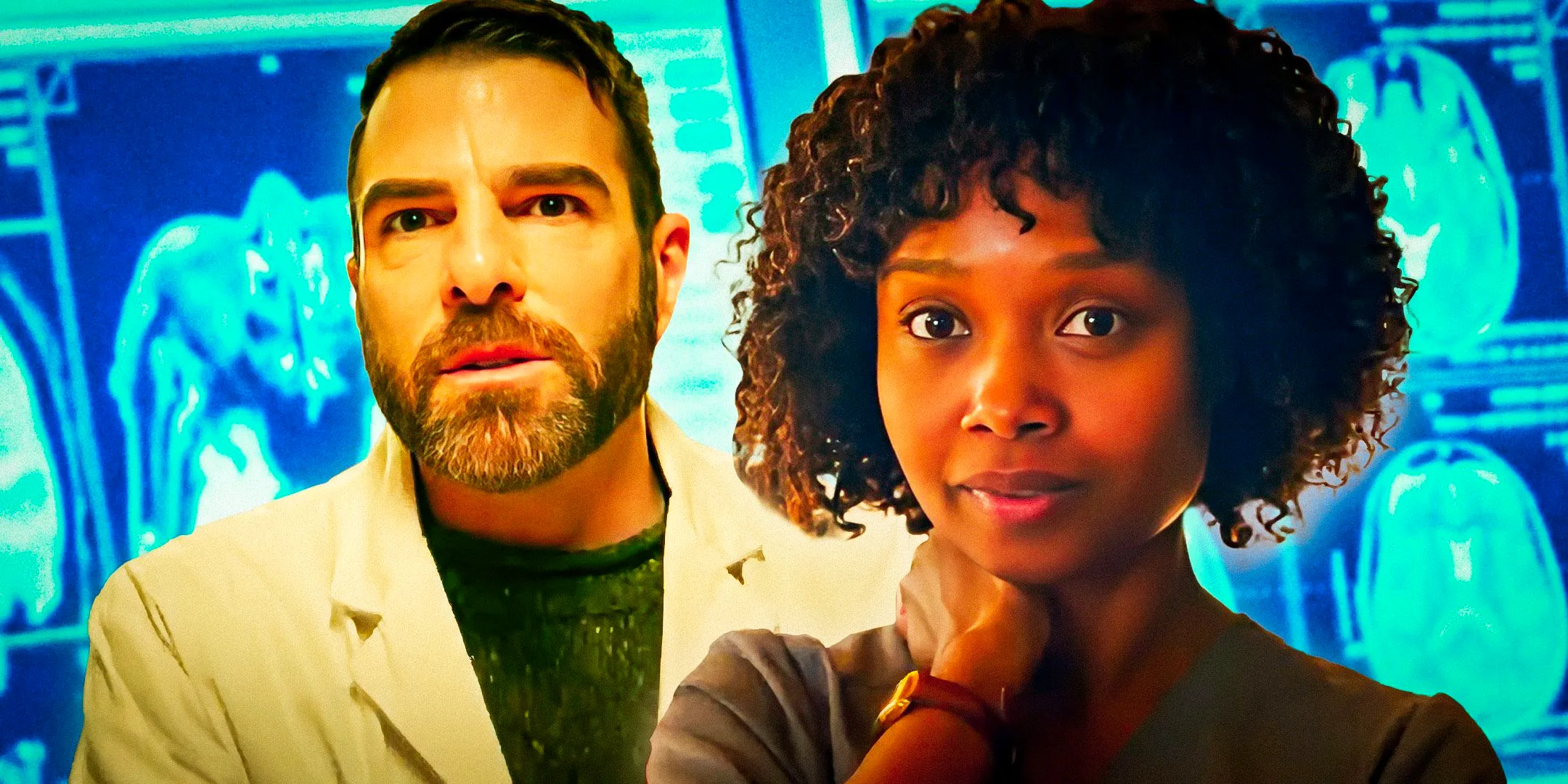 A composite image of Pierce with her hand on her shoulder in front of Dr. Wolf looking dramatic in front of x-ray images from Brilliant Minds Image