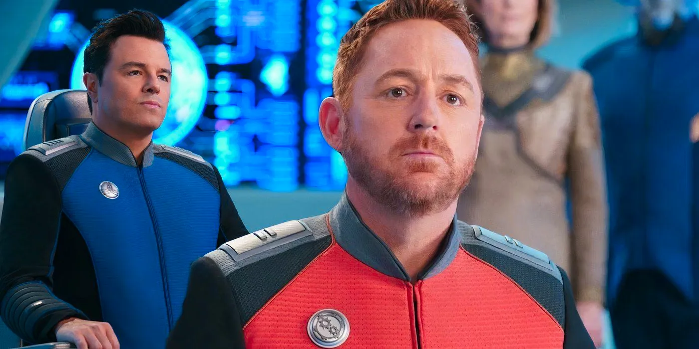 A composite image of Scott Grimes looking on hopefully in front of Seth MacFarlane sitting in the captain's chair in The Orville Image